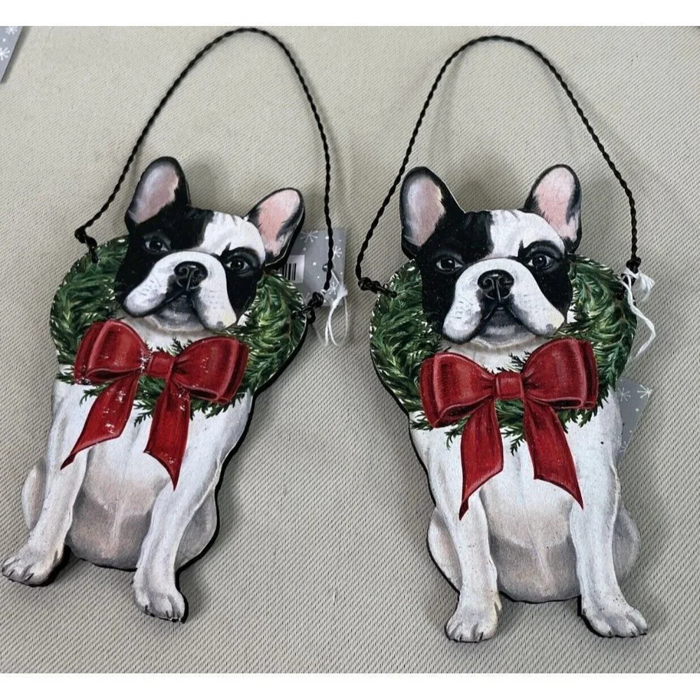 Boston Terrier Wreath Bow Dog Holiday Christmas Wood Ornament Wire Hanger 2 NEW